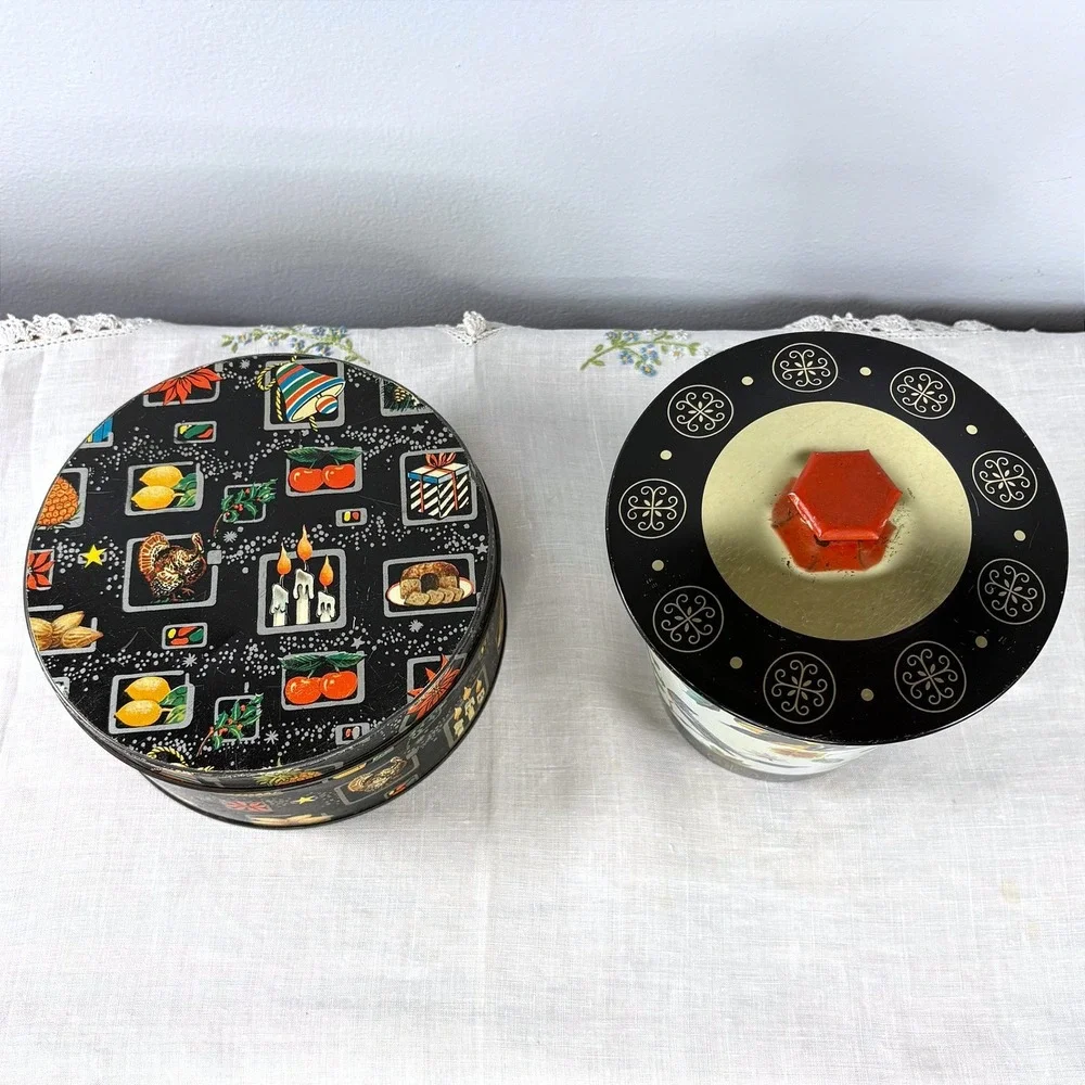 Vintage Made in England Metal Tin Set Holiday Turkey & Botanical Bird Canister